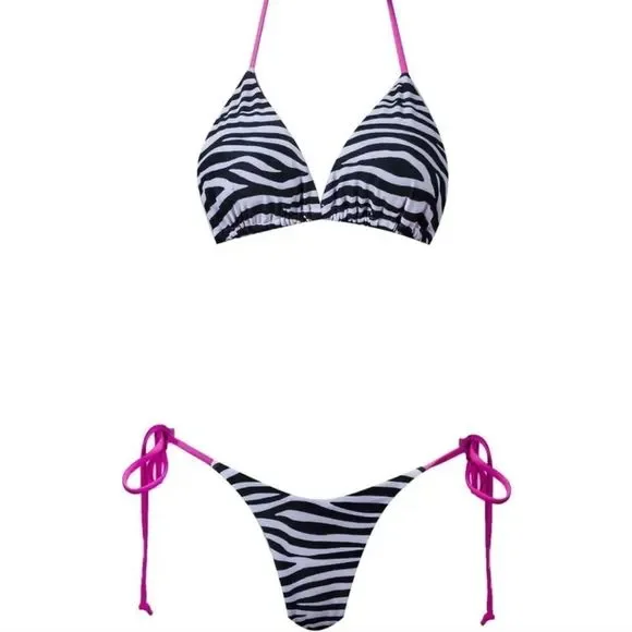 NEW ZEBRA CONTRAST PINK TRIM BIKINI SET - Picture 2 of 10
